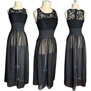 Baluoke Lace Bodice Maxi Dress Scoop Neck Sleeveless Sheer Black Size Large